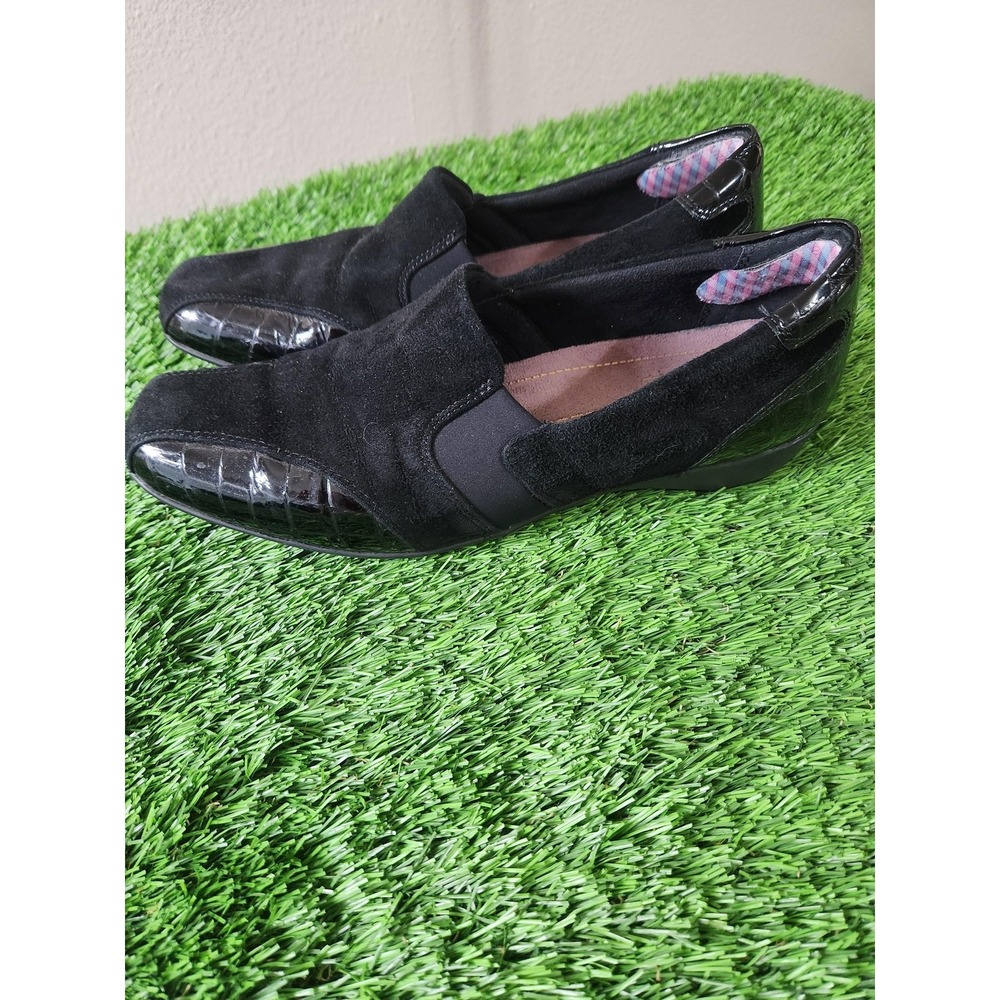 Clarks Everyday Shoes Womens Size 9.5 Black Suede Slip On Square Toe Flats